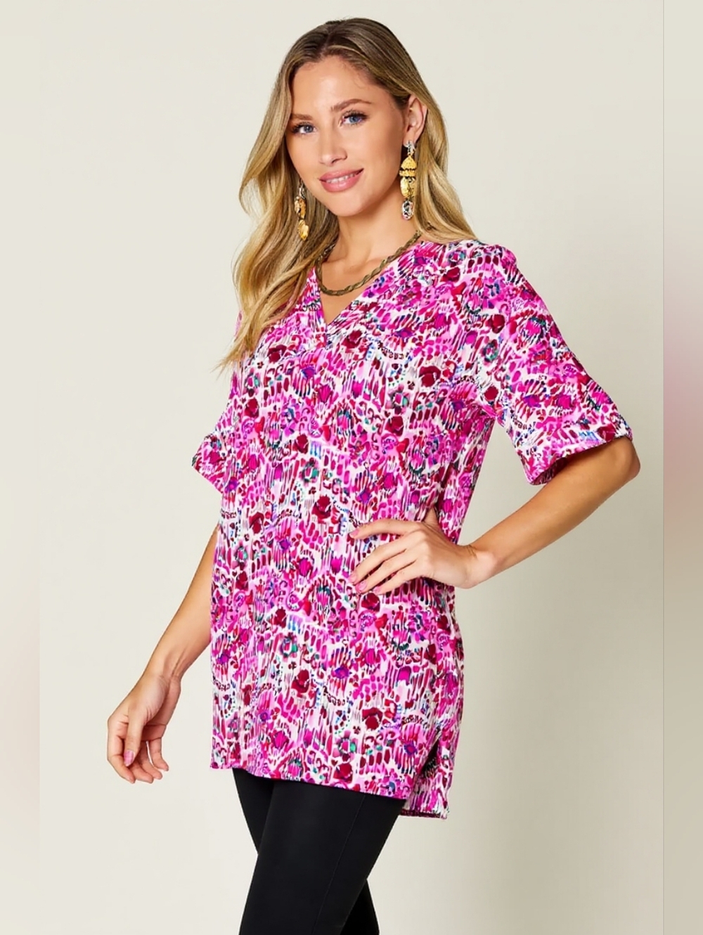 Women's Pink Print V-Neck Tunic Top- Double Take A Just Jen Fav!! Spring Top